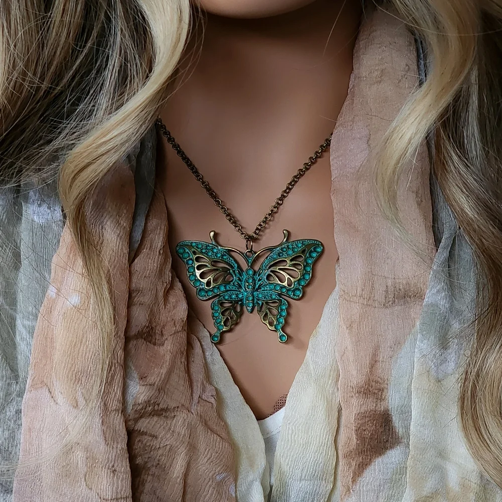 Anthro Insects Jewelry Antique Gold Bronze Butterfly Large Pendant